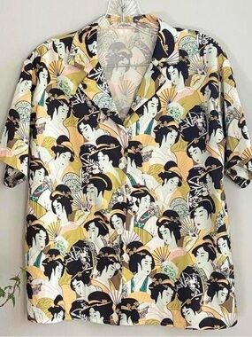 Geisha Print Short Sleeve Button-Up Shirt - Yellow/Black M